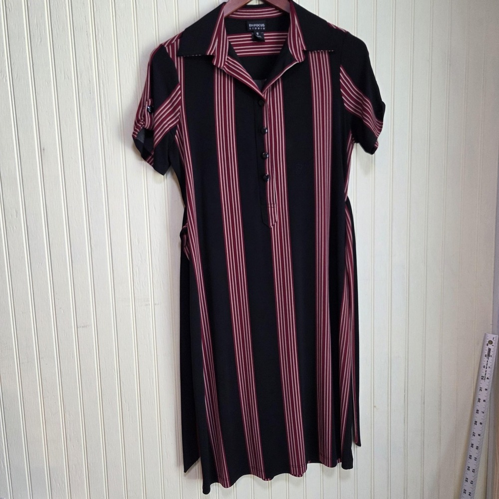 En Focus Studio Dress Womens 8 Black Striped Short Sleeve Collared Belted